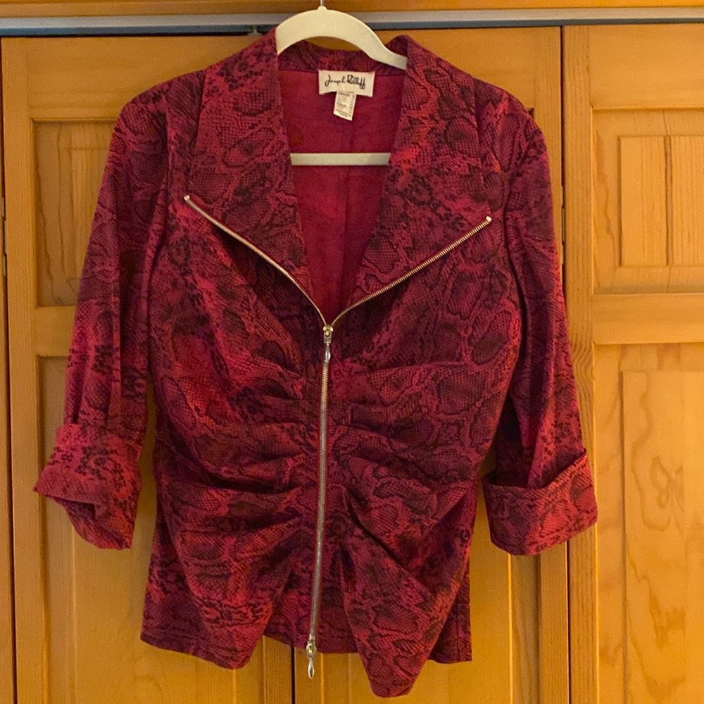 Ribkoff Dressy moto ruched jacket. Sz 12.  Perfect work topper jacket. Pop color